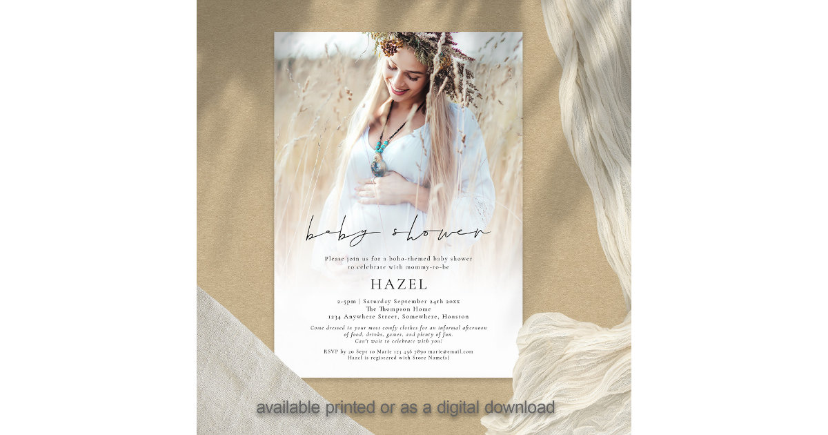 Boho Photo Overlay Script Bohemian Baby Shower Invitation | Zazzle