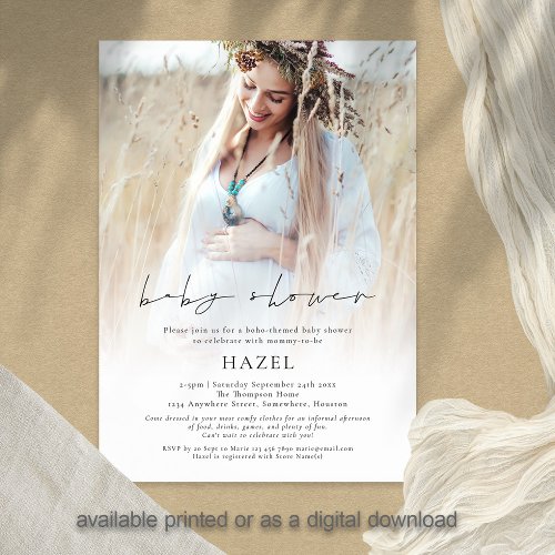 Boho Photo Overlay Script Bohemian Baby Shower Invitation