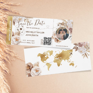 Boho Photo Save the Date Boarding Pass QR Code Invitation