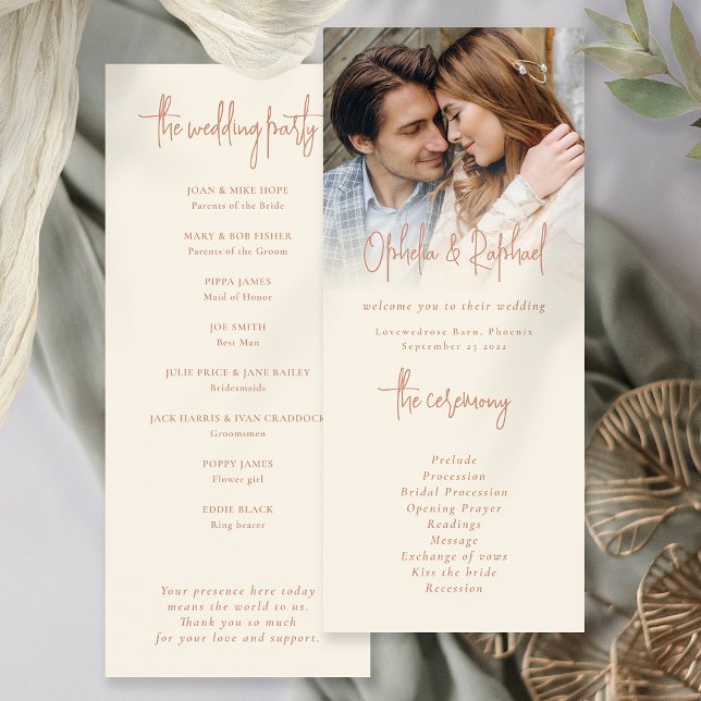 Boho Photo Script Cream Terracotta Wedding Program (Front and back view cream terracotta wedding program, either printed or as a digital download)