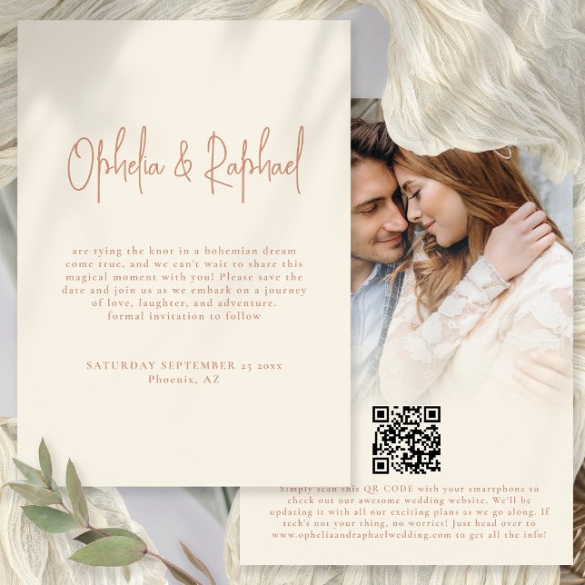 Boho Photo Script QR Wedding Terracotta Cream Save The Date (Front and back view. Available digitally and printed)