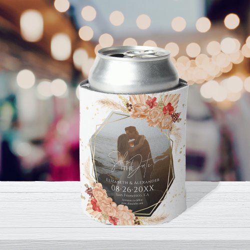 Boho Photo  Terracotta Wedding Save The Date Can Cooler