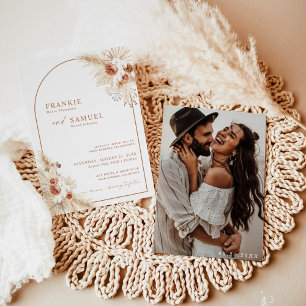 Boho Photo Wedding Invite Terracotta Pampas Grass