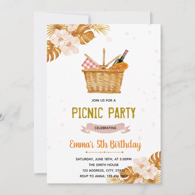 Boho picnic tea party birthday invitation (Front)