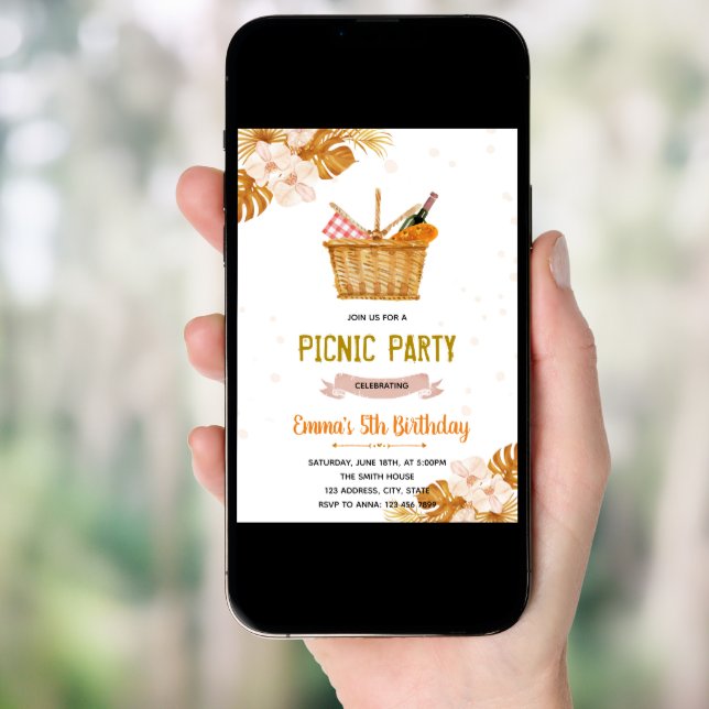 Boho picnic tea party birthday invitation (Front Digital)