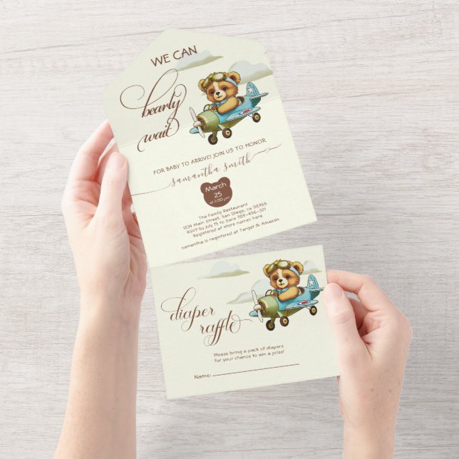 Boho Pilot Teddy Bear in airplane Baby Shower All In One Invitation (Tearaway)