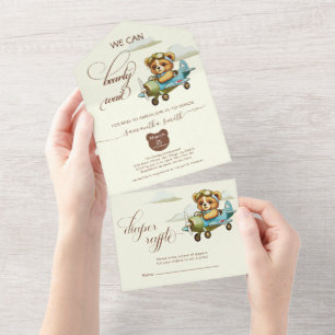 Boho Pilot Teddy Bear in airplane Baby Shower All In One Invitation