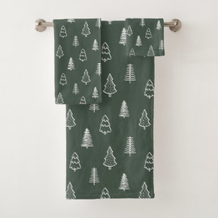 Boho Pine Trees Modern Winter Forest Dark Green Bath Towel Set