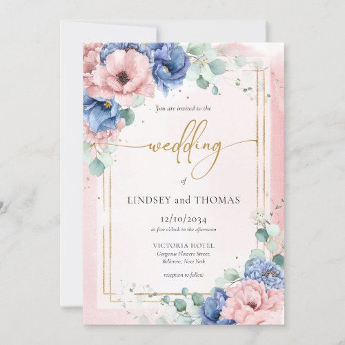 Boho pink and blue floral eucalyptus gold frame invitation