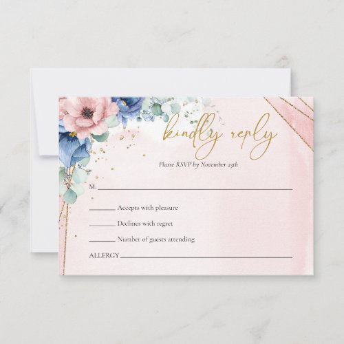 Boho pink and blue floral eucalyptus rsvp card