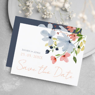 Boho Pink and Blue Floral Save the Date Postcard
