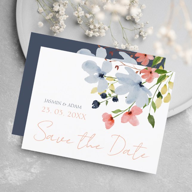 Boho Pink and Blue Floral Save the Date Postcard (Creator Uploaded)