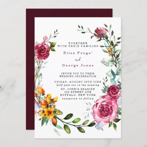 Boho Pink and Burgundy Watercolor Floral Wedding Invitation