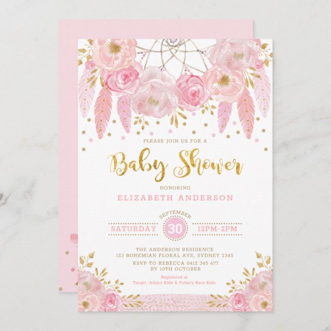 Boho Pink and Gold Dreamcatcher Floral Baby Shower Invitation (Front/Back)
