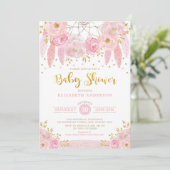 Boho Pink and Gold Dreamcatcher Floral Baby Shower Invitation (Standing Front)