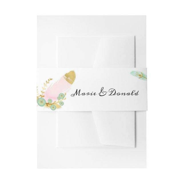 Boho Pink and Gold Feathers Invitation Belly Band (Front Example)