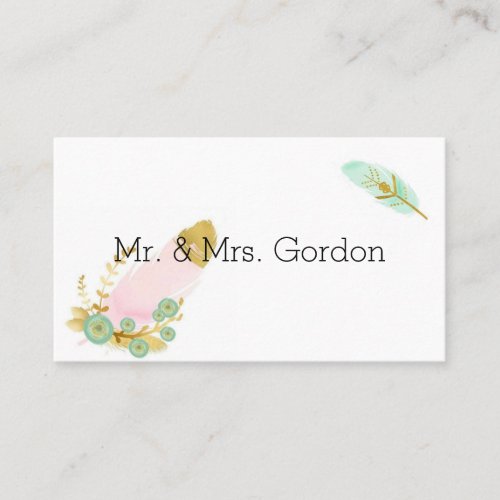 Boho Pink and Gold Feathers Place Card