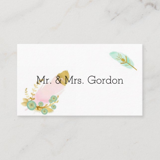 Boho Pink and Gold Feathers Place Card (Front)