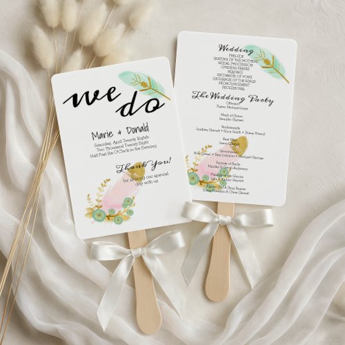 Boho Pink and Gold Feathers Program Hand Fan