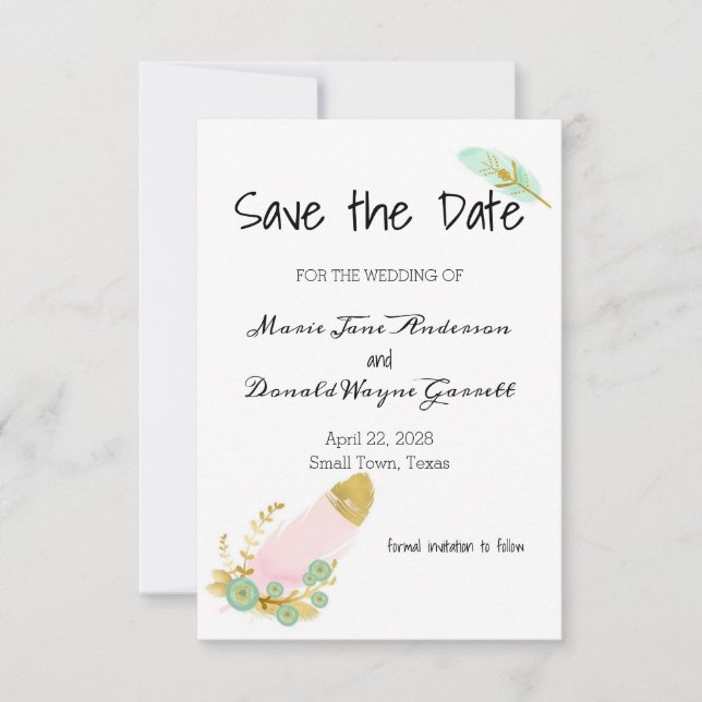 Boho Pink and Gold Feathers Save the Date (Front)