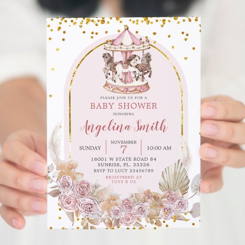 Boho Pink and Gold Floral Carousel Baby Shower Invitation