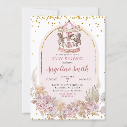 Boho Pink and Gold Floral Carousel Baby Shower Invitation