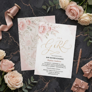 Boho pink and gold floral its a girl baby shower invitation