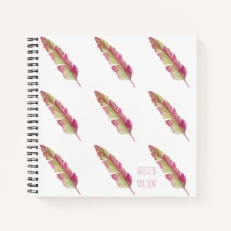 Boho Pink and Green Feathers | Personalized Notebook
