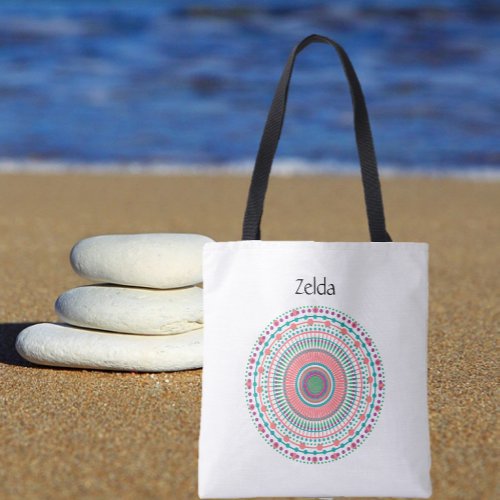 Boho Pink and Green Pastel Mandala Tote Bag