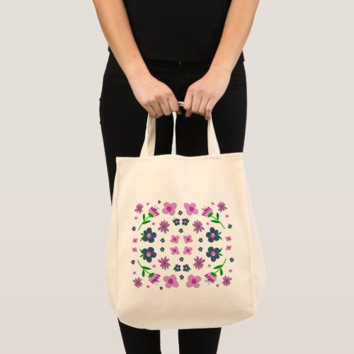 Boho Pink and Indigo Blue Flowers Pattern  Tote Bag