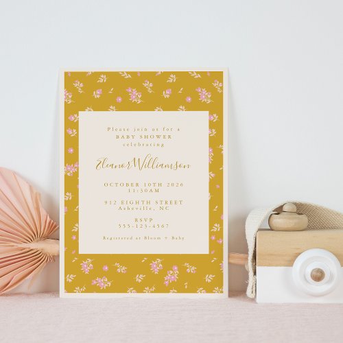 Boho Pink and Mustard Yellow Floral Baby Shower Invitation