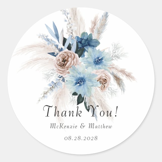 Boho Pink and Navy Peony Bouquet Wedding Classic Round Sticker (Front)