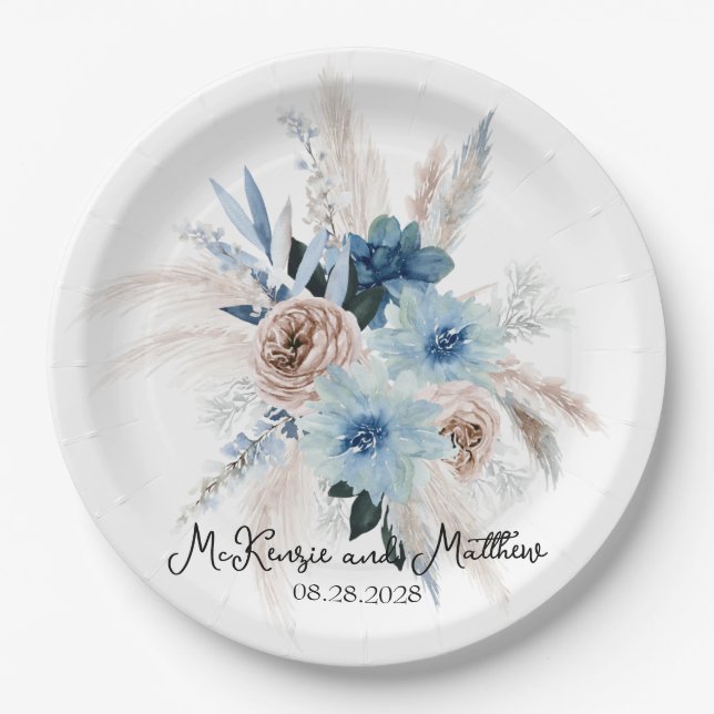 Boho Pink and Navy Peony Bouquet Wedding Paper Plates (Front)