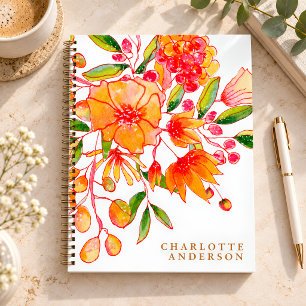 Boho Pink and Orange Floral Personalized Name Notebook