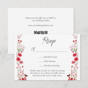 Boho Pink and Red Wildflowers Wedding Website QR RSVP Card