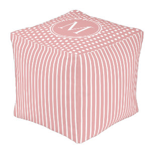 Boho Pink and White Stripe and Polka Dot Monogram Pouf
