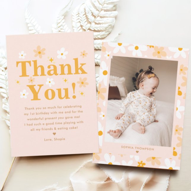 Boho Pink and Yellow Photo Daisy Birthday  Thank You Card (Creator Uploaded)