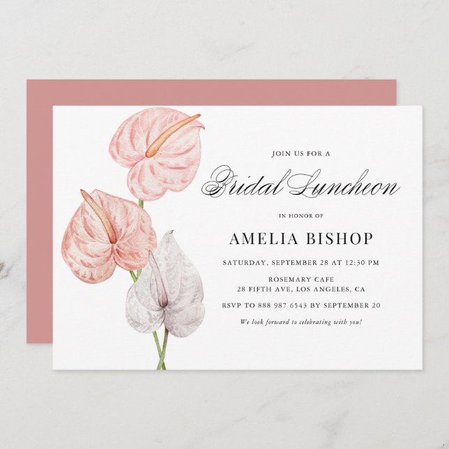 Boho Pink Anthuriums Tropical Bridal Luncheon Invitation (Front/Back)