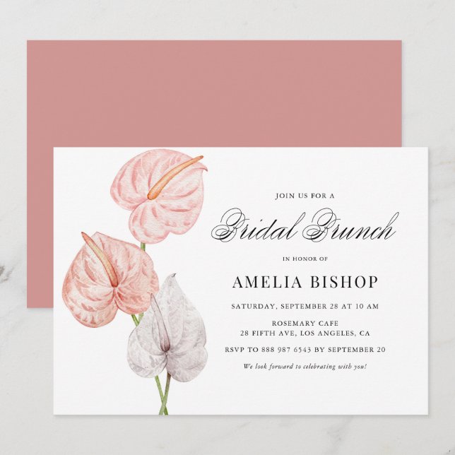 Boho Pink Anthuriums Tropical Floral Bridal Brunch Invitation (Front/Back)