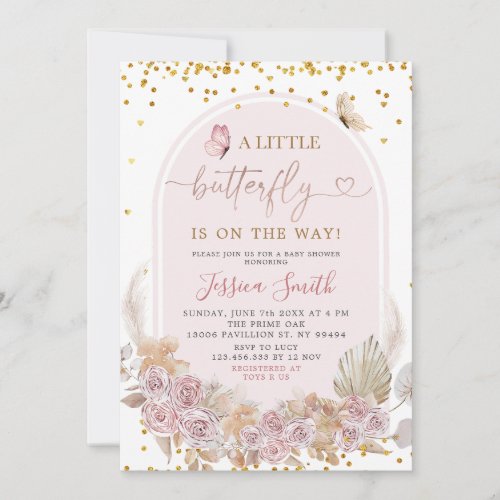 Boho Pink Arch Butterfly On The Way Baby Shower Invitation