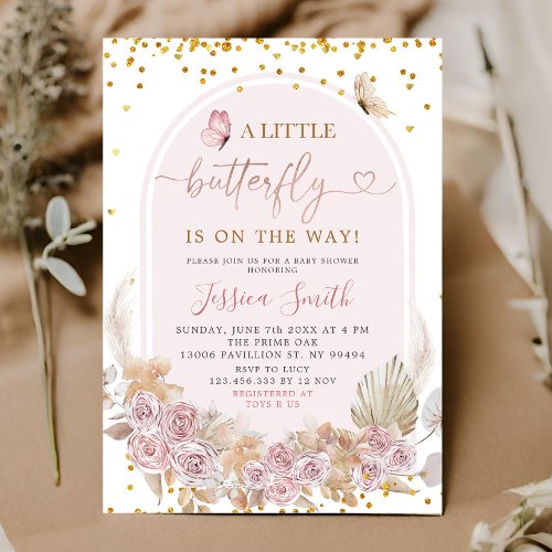 Boho Pink Arch Butterfly On The Way Baby Shower Invitation