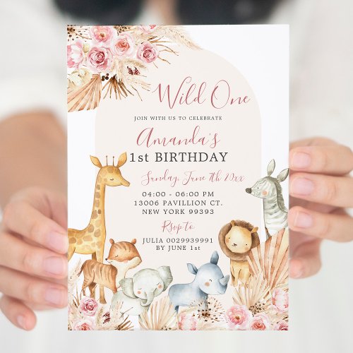 Boho Pink Arch Girl Safari First Birthday Invitation