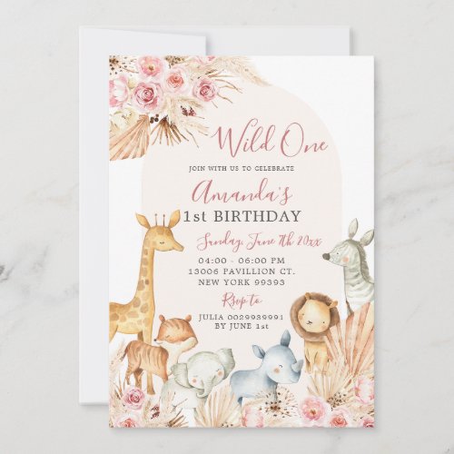 Boho Pink Arch Girl Safari First Birthday Invitation