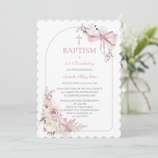 Boho Pink Baptism Invitation Girls Template (Standing Front)