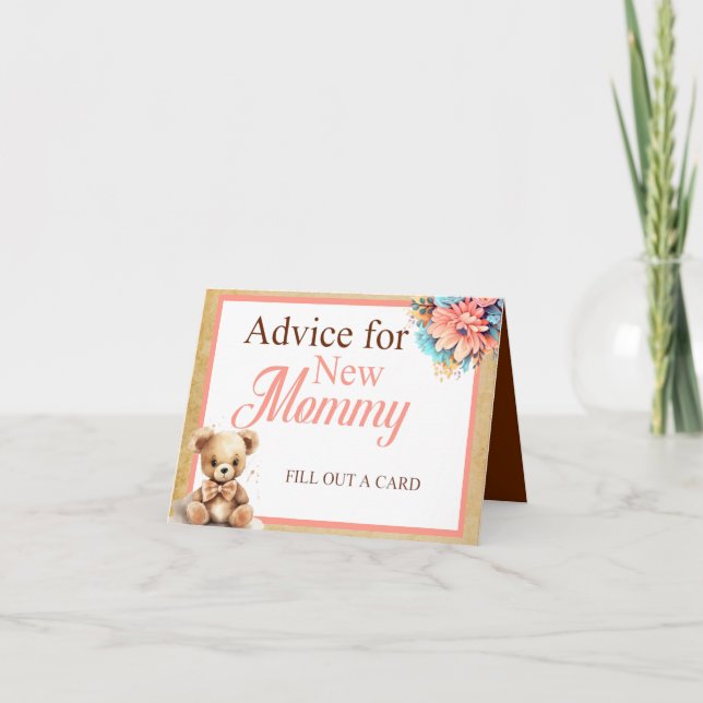 Boho Pink Bear Baby Shower Advice for Mommy Table  Card (Front)