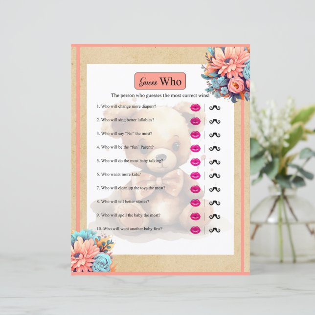 Boho Pink Bear Baby Shower Guess Who Game (Standing Front)