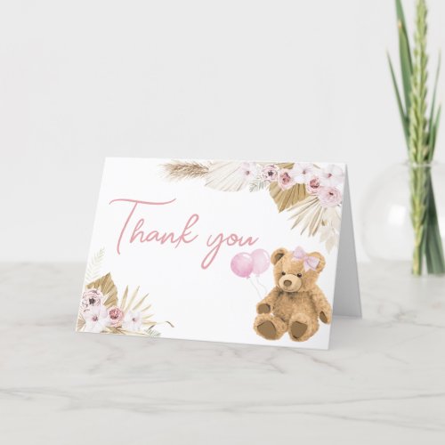 Boho Pink Bear Baby Shower  Thank You Card
