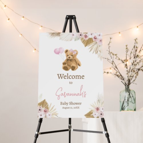 Boho Pink Bear Baby Shower Welcome Sign