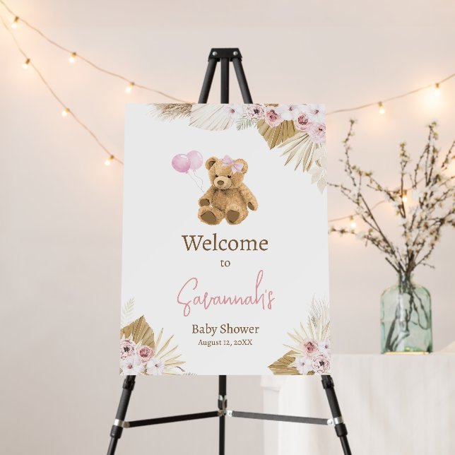Boho Pink Bear Baby Shower Welcome Sign (In Situ (Stand))