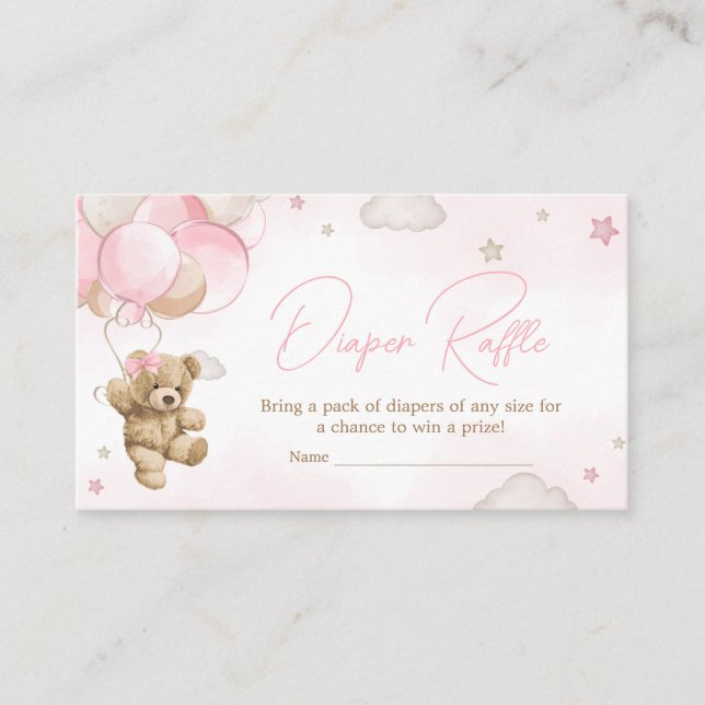 Boho Pink Bear Balloon Baby Shower Diaper Raffle Enclosure Card (Front)